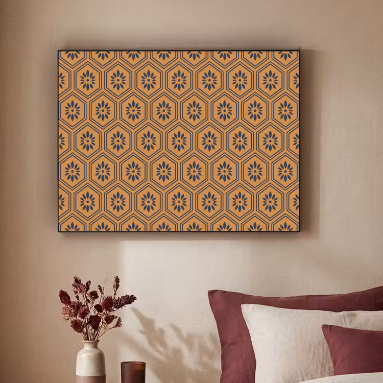 Okergeel - Patroon - Bloem - Donkerblauw Textielframe - compleet frame klein 947 -3d