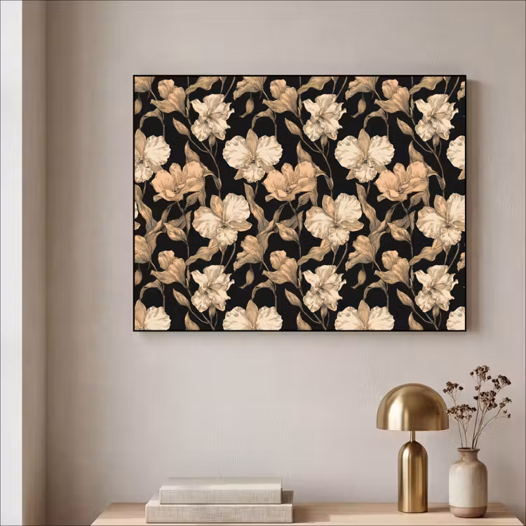 Orchideeën - Lijntekening - Patroon - Beige - Zwart Textielframe zwart klein 947 -sfeer2