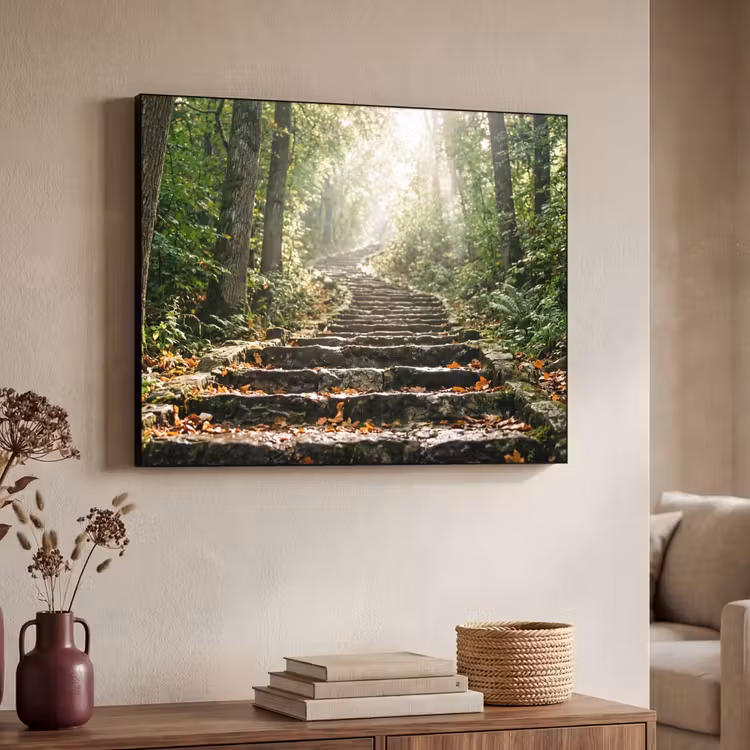 Stenen - Trap - Bos - Natuur Textielframe zwart klein -sfeer3