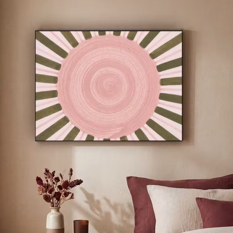 Patroon - Cirkel - Stralen - Abstract - Roze Textielframe zwart klein -sfeer1