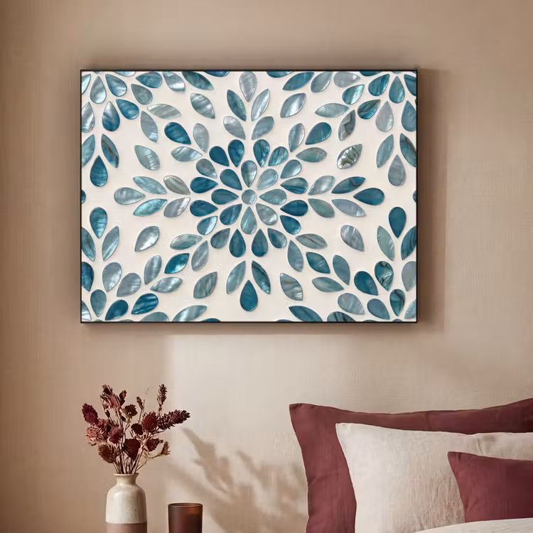 Patroon - Bladeren - Abstract - Modern - Turquoise Textielframe zwart klein -sfeer1