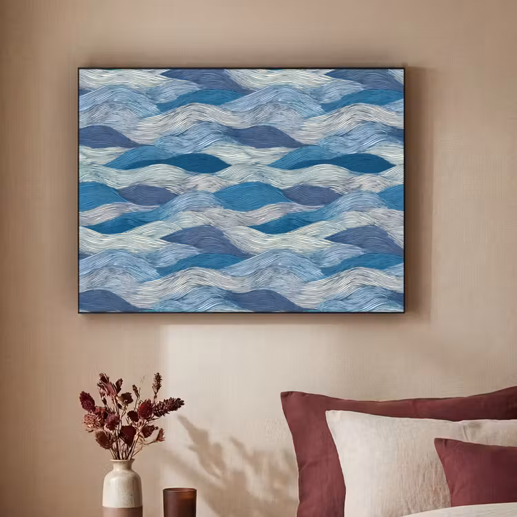 Getekend - Blauw - Wit - Golvend - Streepjes Textielframe zwart klein 947 -sfeer1