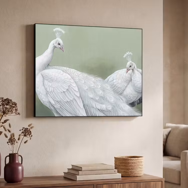 Pauwen - Wit - Natuur - Groen Textielframe zwart klein -sfeer3