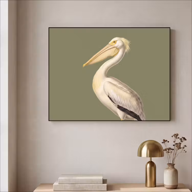 Pelikaan - Wit - Vogel - Klassiek - Natuur Textielframe zwart klein -sfeer2