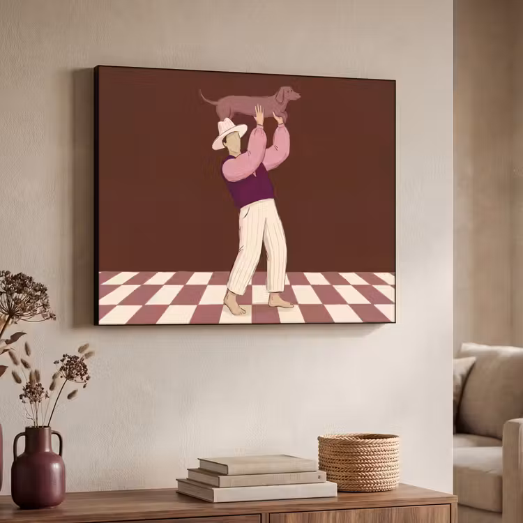 Mens - Hond - Dieren - Abstract - Roze Textielframe zwart klein -sfeer3