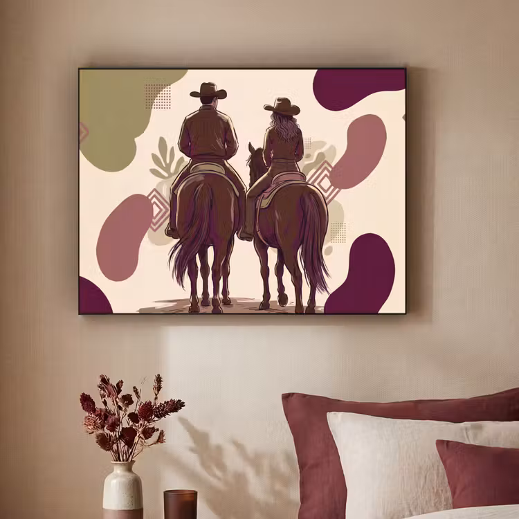 Mensen - Ruiters - Western - Illustratie - Bruin Textielframe zwart klein -sfeer1