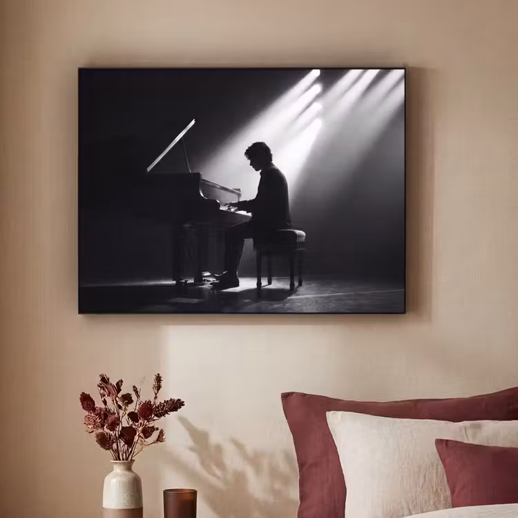 Persoon - Piano - Muziek - Zwart-wit - Podium Textielframe zwart klein -sfeer1