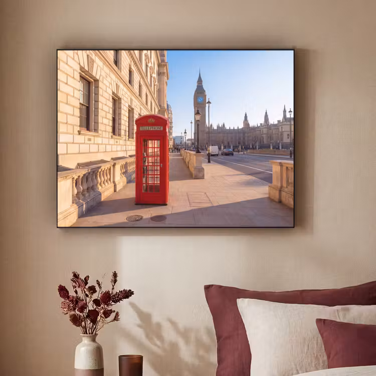 Telefooncel - Rood - Londen - Stad - Architectuur Textielframe zwart klein -sfeer1
