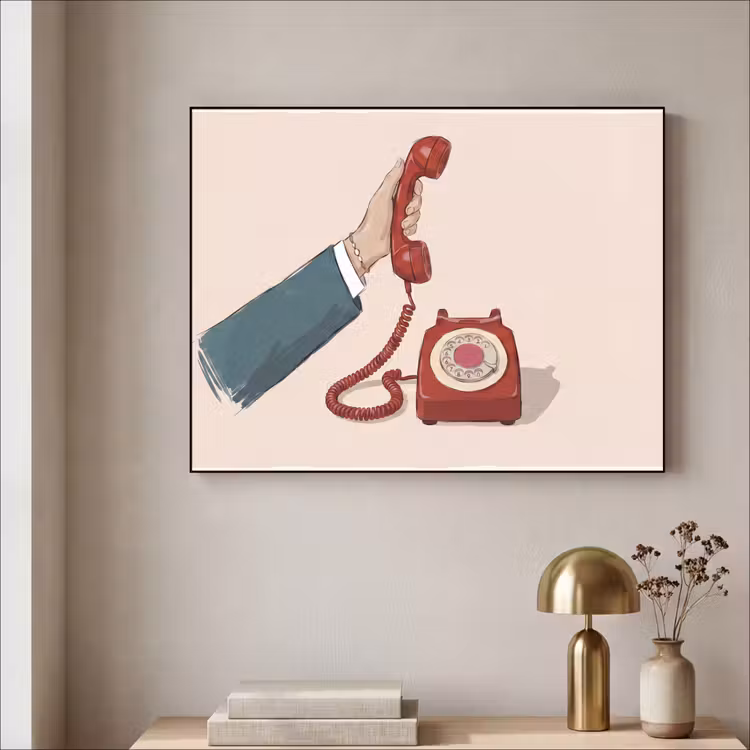 Telefoon - Hand - Vintage - Communicatie - Rood Textielframe zwart klein -sfeer2