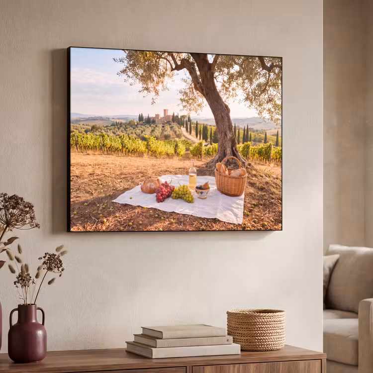 Picknick - Wijngaard - Landschap - Zomer - Eten Textielframe zwart klein -sfeer3