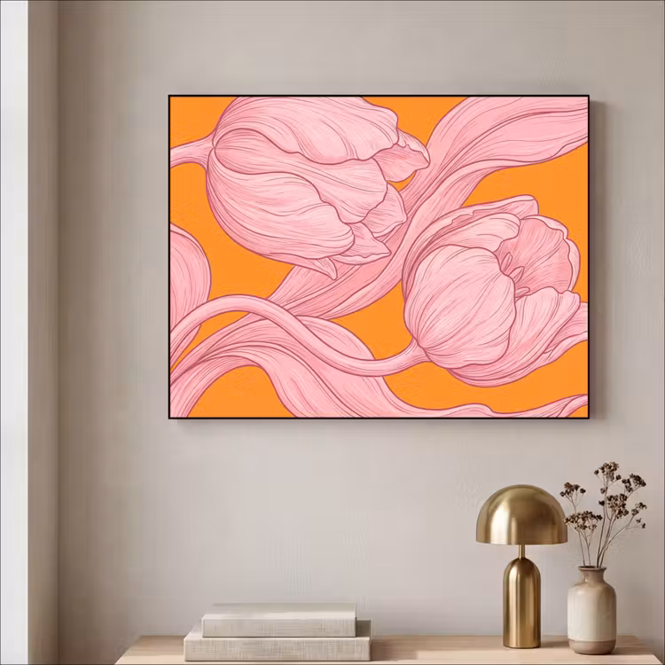 Art Frame - Pink Flowers - Modern - Roze bloemen - Modern Textielframe zwart klein