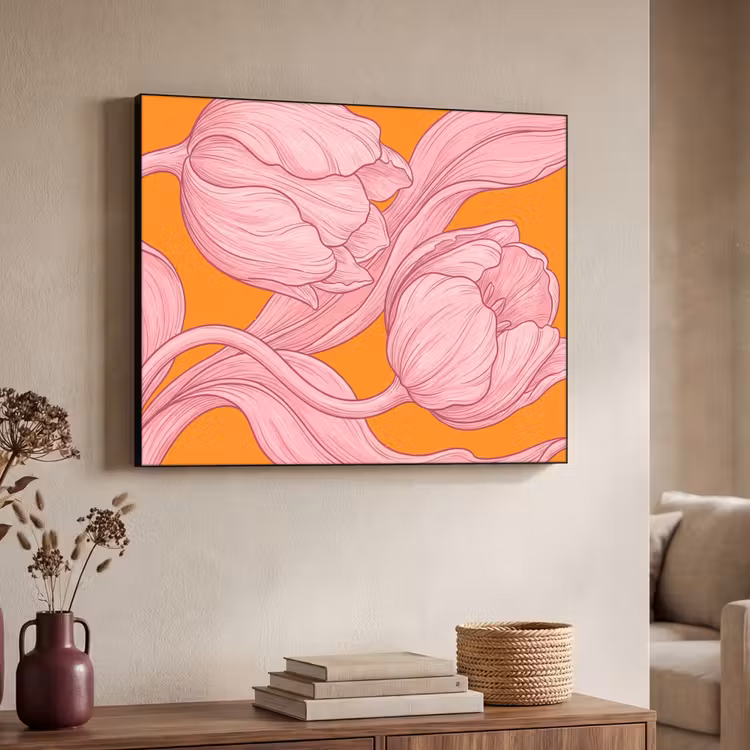 Art Frame - Pink Flowers - Modern - Roze bloemen - Modern Textielframe zwart klein
