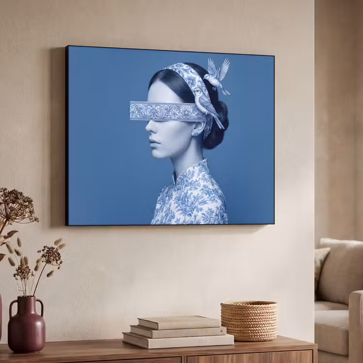 Portret - Klassiek - Wit - Blauw Textielframe zwart klein -sfeer3