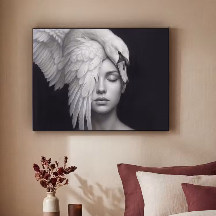 Portret - Zwaan - Zwart - Wit Textielframe zwart klein -sfeer1