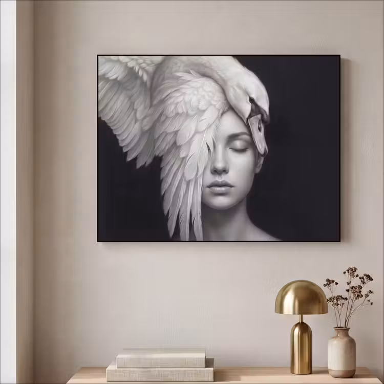 Portret - Zwaan - Zwart - Wit Textielframe zwart klein -sfeer2