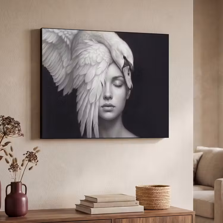 Portret - Zwaan - Zwart - Wit Textielframe zwart klein -sfeer3