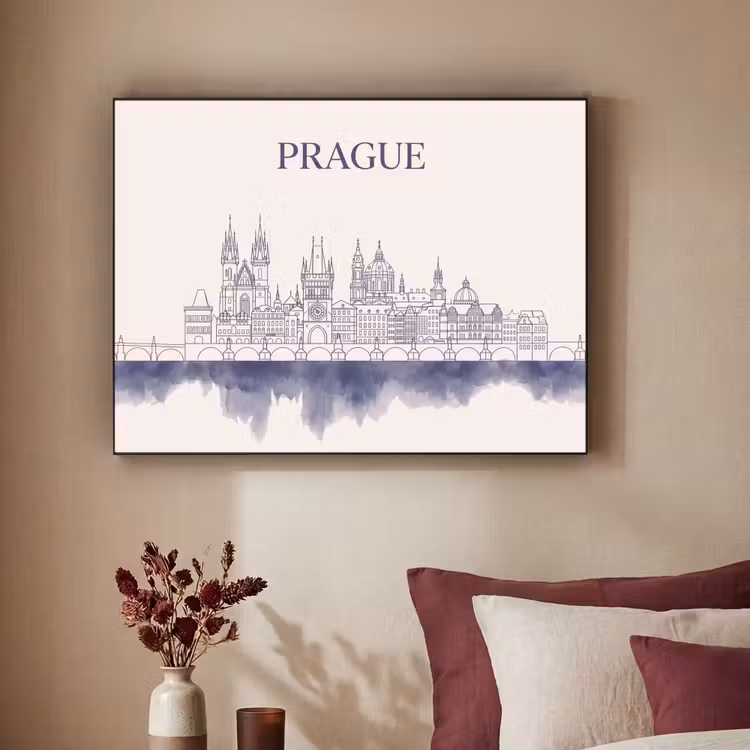 Praag - Skyline - Architectuur - Blauw Textielframe zwart klein -sfeer1
