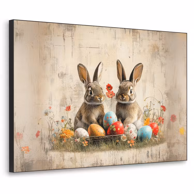Konijnen - Bloemen - Eieren Textielframe zwart klein -3d