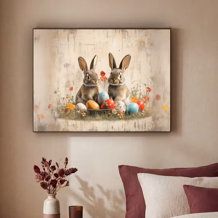 Konijnen - Bloemen - Eieren Textielframe zwart klein -sfeer1