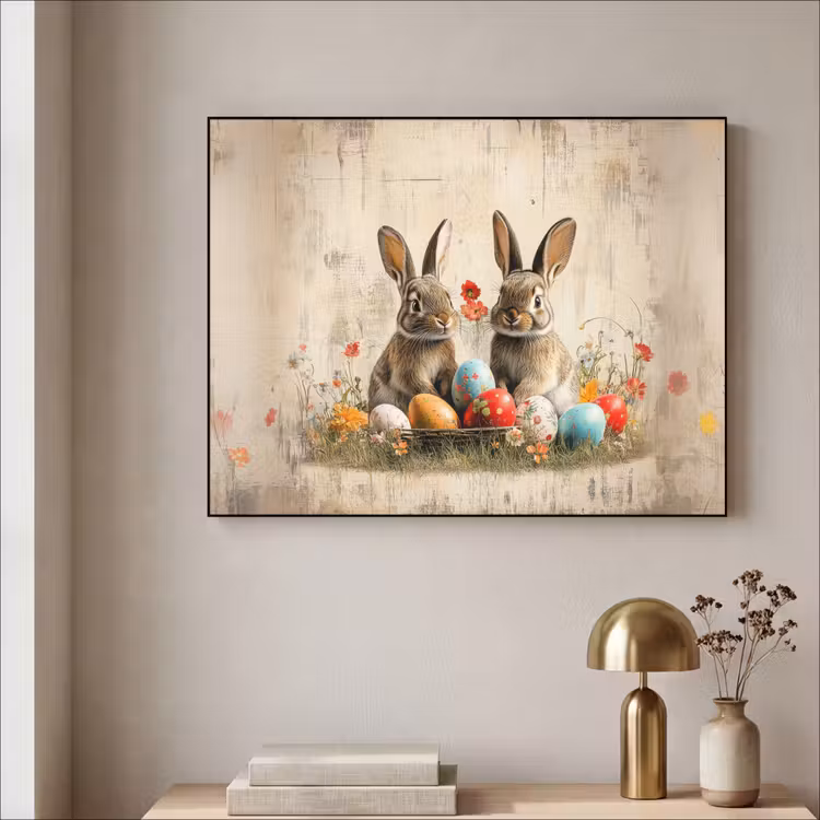 Konijnen - Bloemen - Eieren Textielframe - compleet frame klein -sfeer2