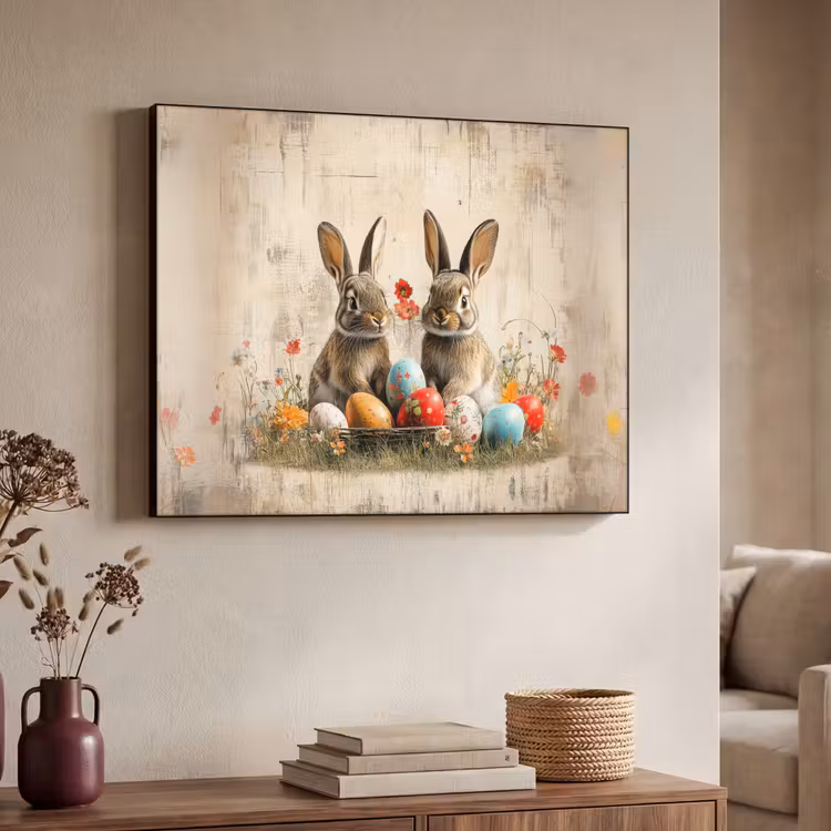 Konijnen - Bloemen - Eieren Textielframe zwart klein -sfeer3