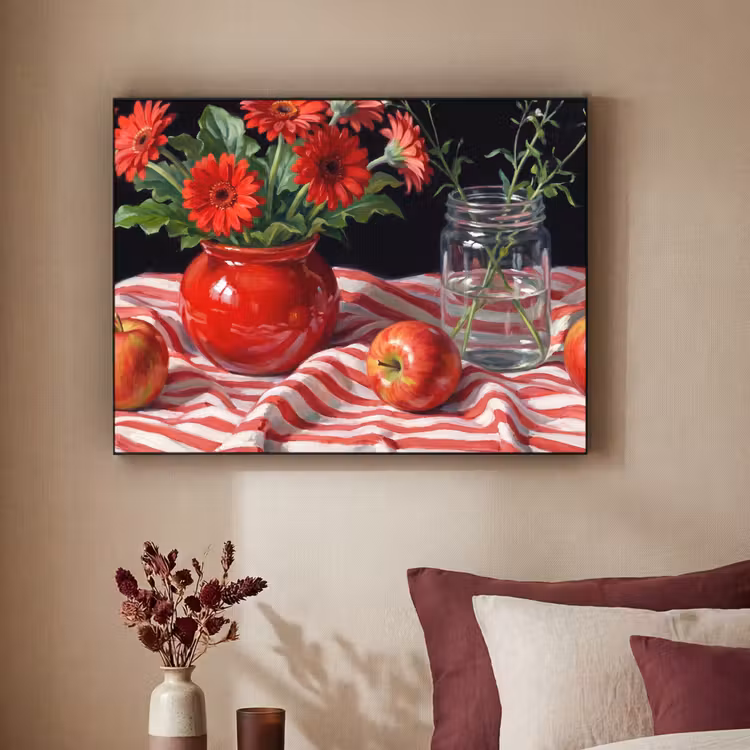 Art Frame - Red Flowers - Vase - Rode bloemen - Vaas Textielframe zwart klein