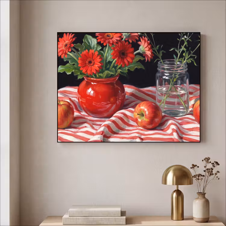 Art Frame - Red Flowers - Vase - Rode bloemen - Vaas Textielframe zwart klein