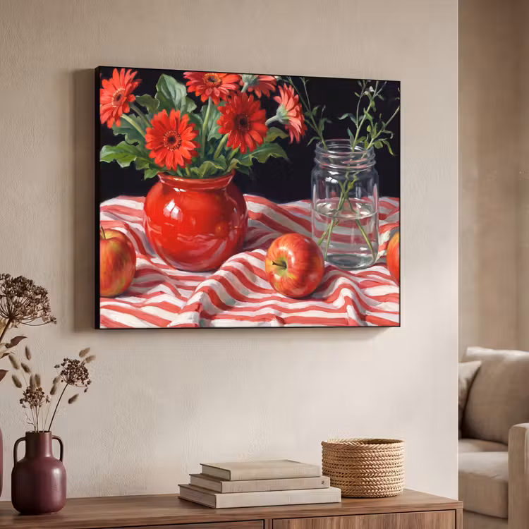 Art Frame - Red Flowers - Vase - Rode bloemen - Vaas Textielframe zwart klein