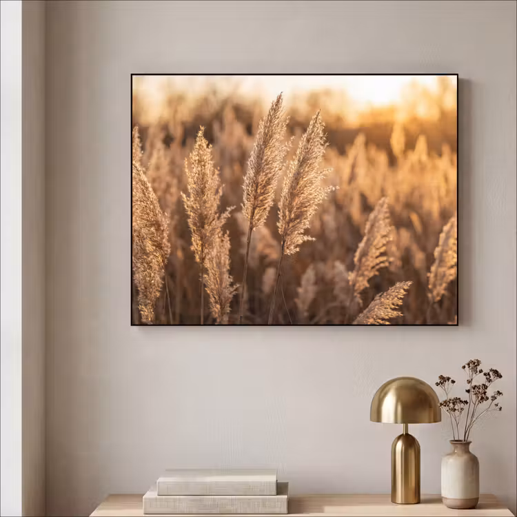 Rietpluimen - Gras - Zonsondergang - Goud - Serene Textielframe zwart klein -sfeer2