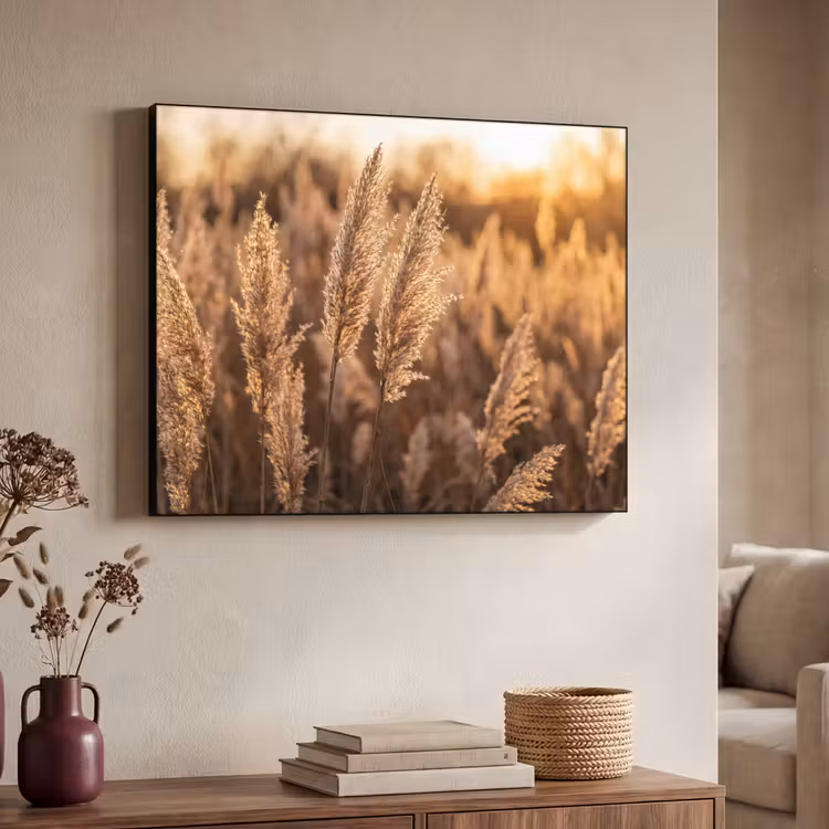 Rietpluimen - Gras - Zonsondergang - Goud - Serene Textielframe zwart klein -sfeer3