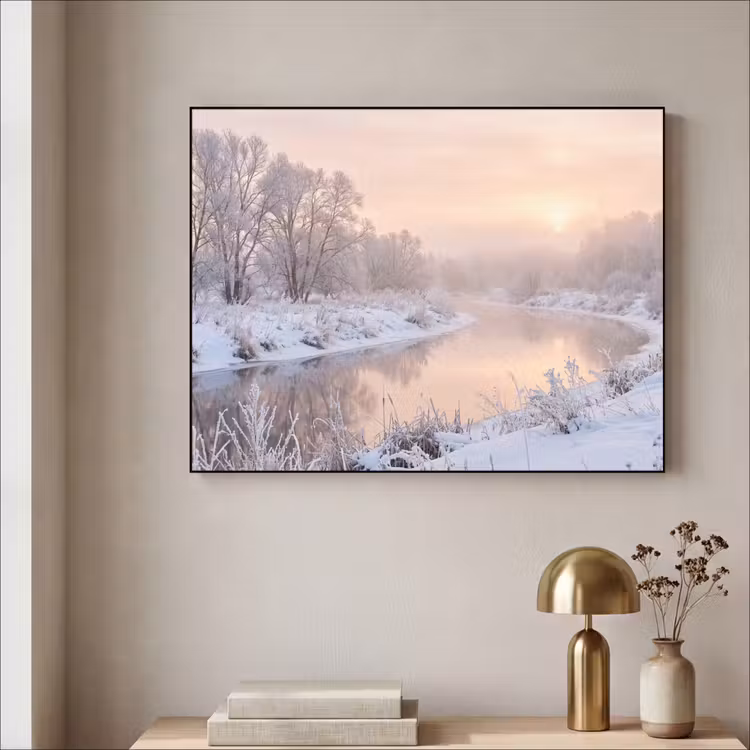 Rivier - Winter - Landschap - Sneeuw - Zonsopgang Textielframe zwart klein -sfeer2