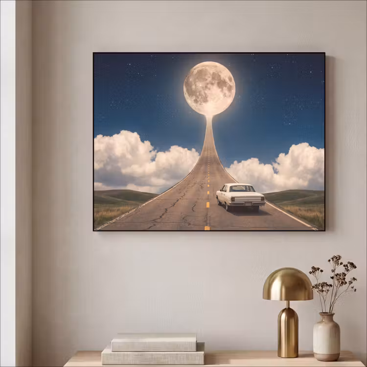 Art Frame - Road - Moon - Night - Weg - Maan - Nacht Textielframe zwart klein
