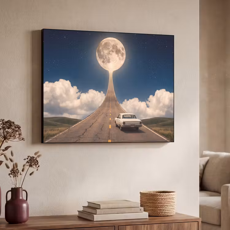 Art Frame - Road - Moon - Night - Weg - Maan - Nacht Textielframe zwart klein