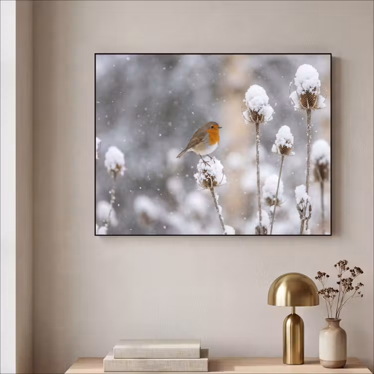 Roodborstje - Gedroogde bloem - Sneeuw - Winter - Vertederend Textielframe zwart klein -sfeer2