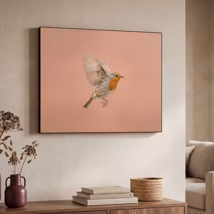 Roodborst - Natuur - Roze Textielframe zwart klein -sfeer3
