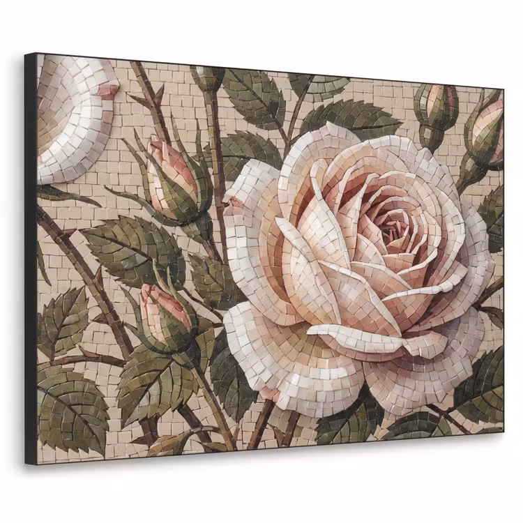 Roos - Mozaïek - Bloemen - Klassiek - Beige Textielframe zwart klein -3d