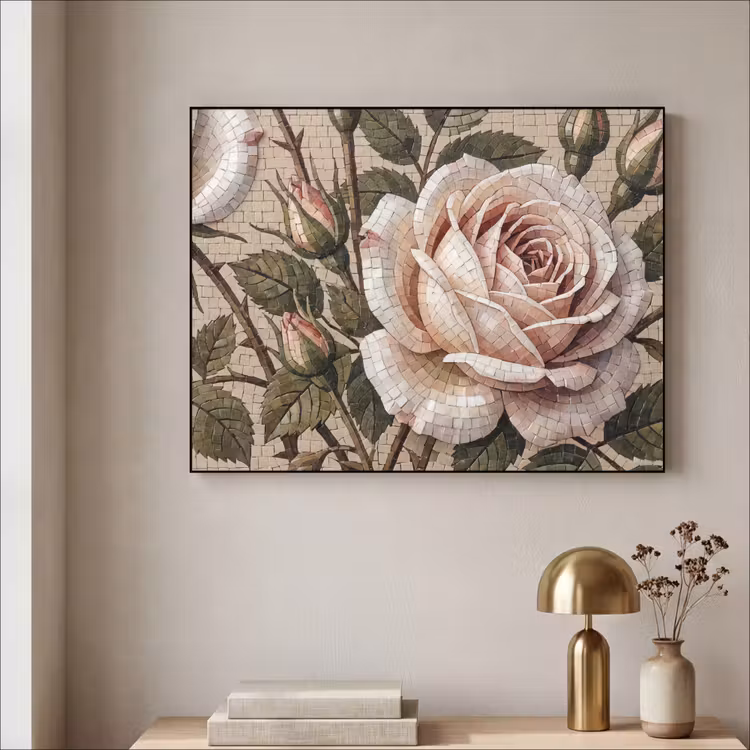 Roos - Mozaïek - Bloemen - Klassiek - Beige Textielframe zwart klein -sfeer2