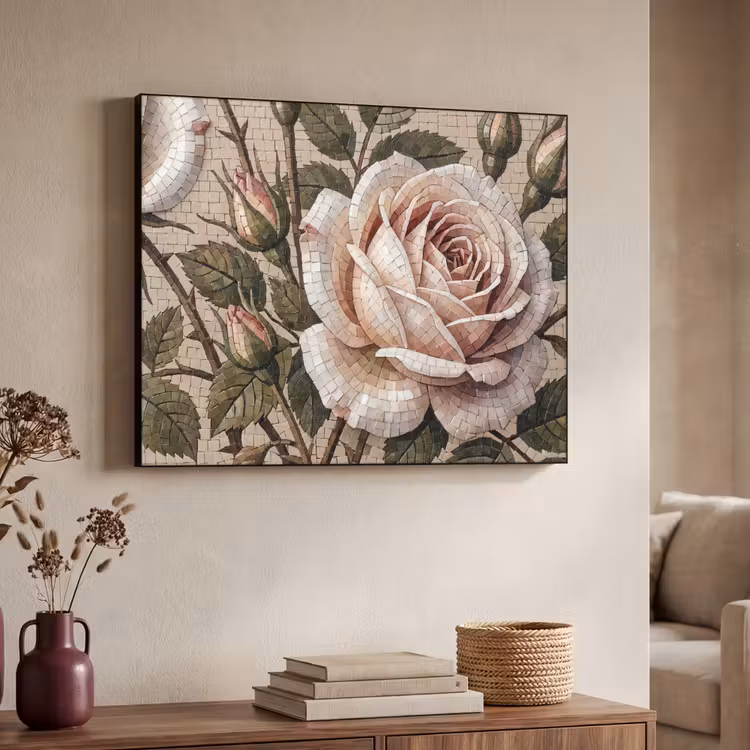 Roos - Mozaïek - Bloemen - Klassiek - Beige Textielframe zwart klein -sfeer3