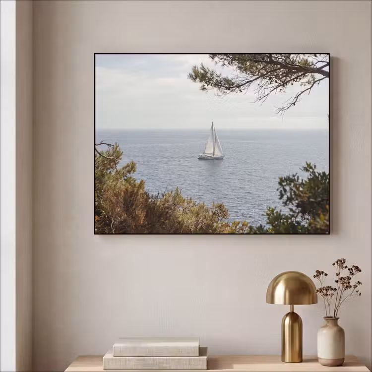 Art Frame - Sailboat - trees - water - Zeilboot - bomen - water Textielframe zwart klein