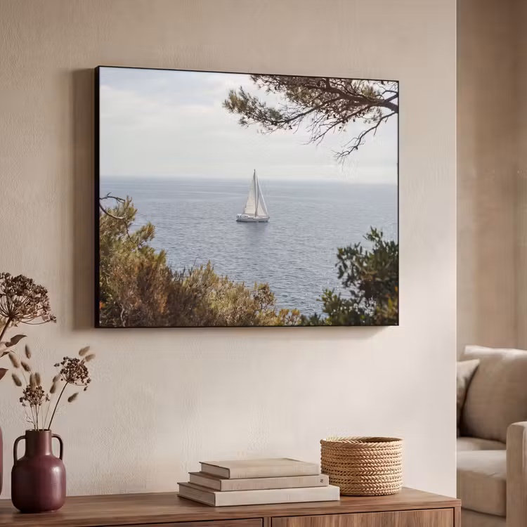 Art Frame - Sailboat - trees - water - Zeilboot - bomen - water Textielframe zwart klein