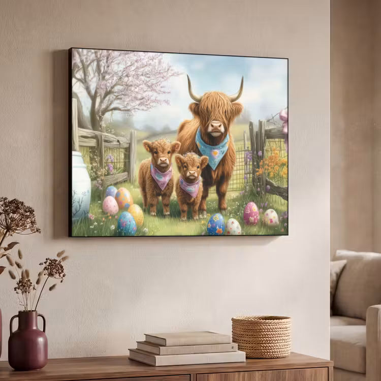 Schotsehooglanders - Paaseieren - Lente Textielframe zwart klein -sfeer3