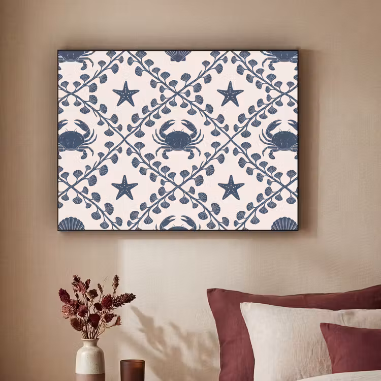 Zee - Krab - Zeester - Patroon - Blauw Textielframe zwart klein -sfeer1