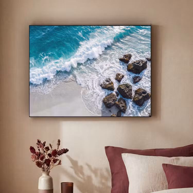 Zee - Golf - Strand - Natuur - Blauw Textielframe zwart klein -sfeer1