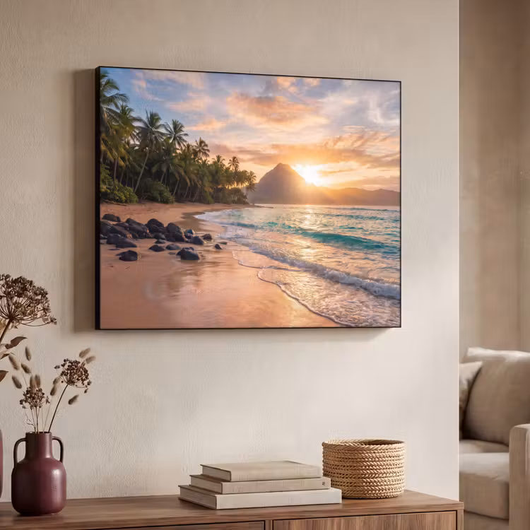 Zee - Berg - Landschap - Tropisch - Goud Textielframe zwart klein -sfeer3