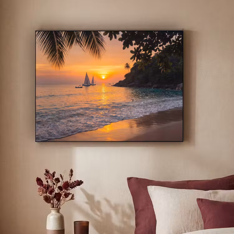 Zee - Zonsondergang - Boot - Natuur - Oranje Textielframe zwart klein -sfeer1