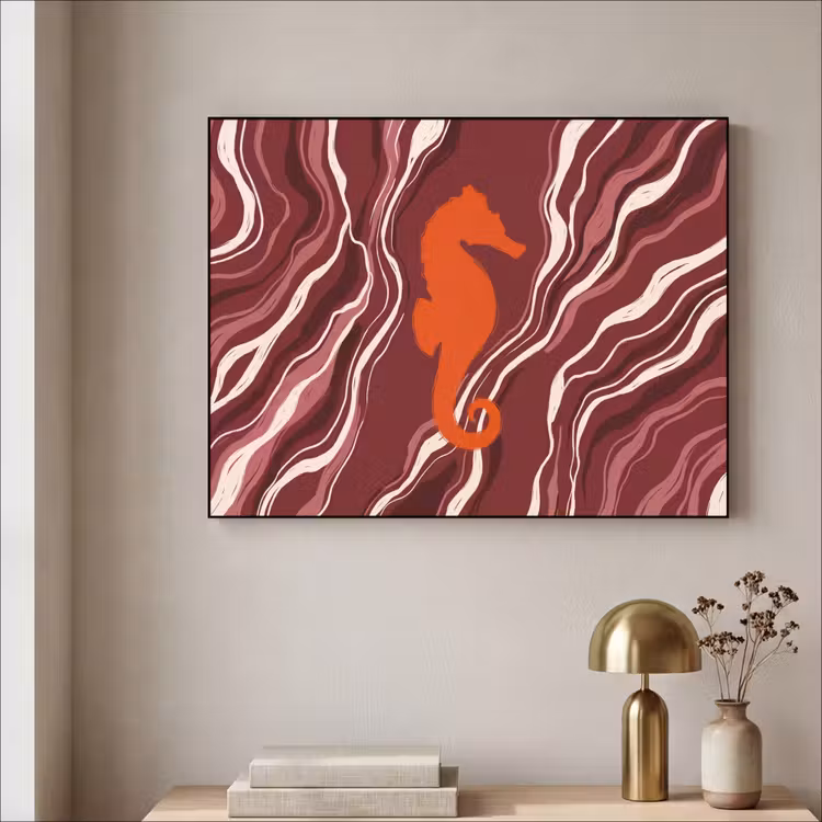 Zeepaardje - Golven - Zeeleven - Abstract - Oranje Textielframe zwart klein -sfeer2