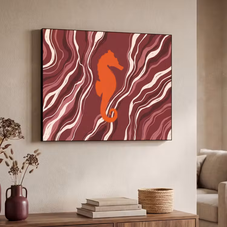 Zeepaardje - Golven - Zeeleven - Abstract - Oranje Textielframe zwart klein -sfeer3