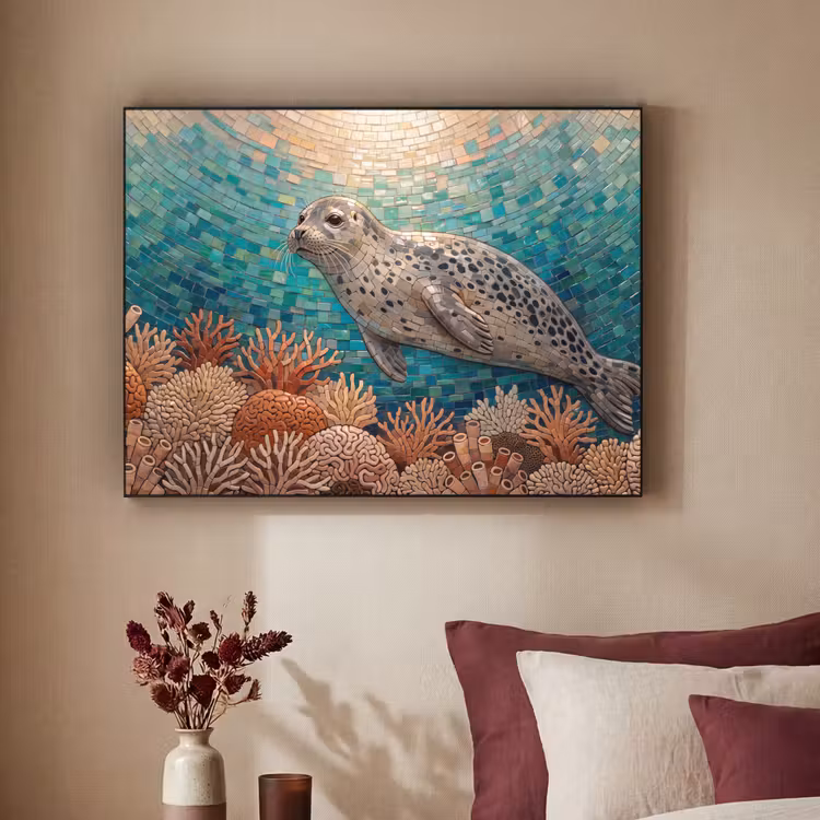 Zeehond - Mozaïek - Onderwater - Dieren - Blauw Textielframe zwart klein -sfeer1