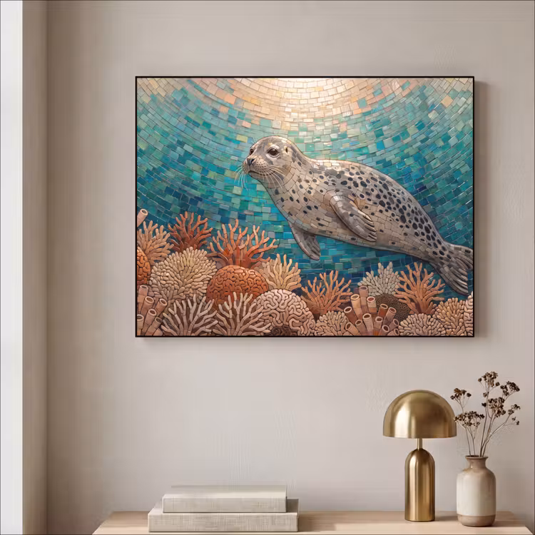 Zeehond - Mozaïek - Onderwater - Dieren - Blauw Textielframe zwart klein -sfeer2