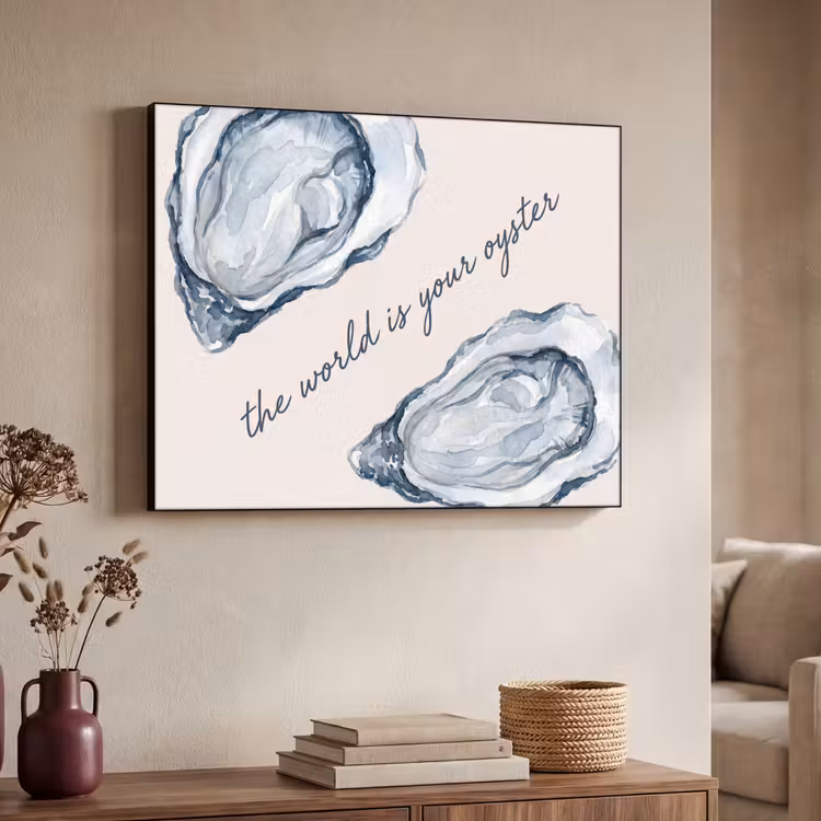 Zeeleven - Oester - Aquarel - Minimalistisch - Blauw Textielframe zwart klein -sfeer3